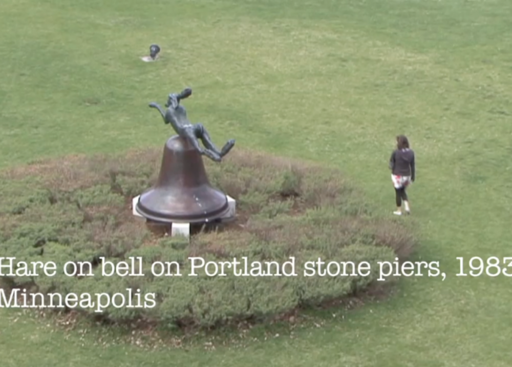 Hare on bell on Portland stone piers, 1983, Minneapolis, USA installation shot